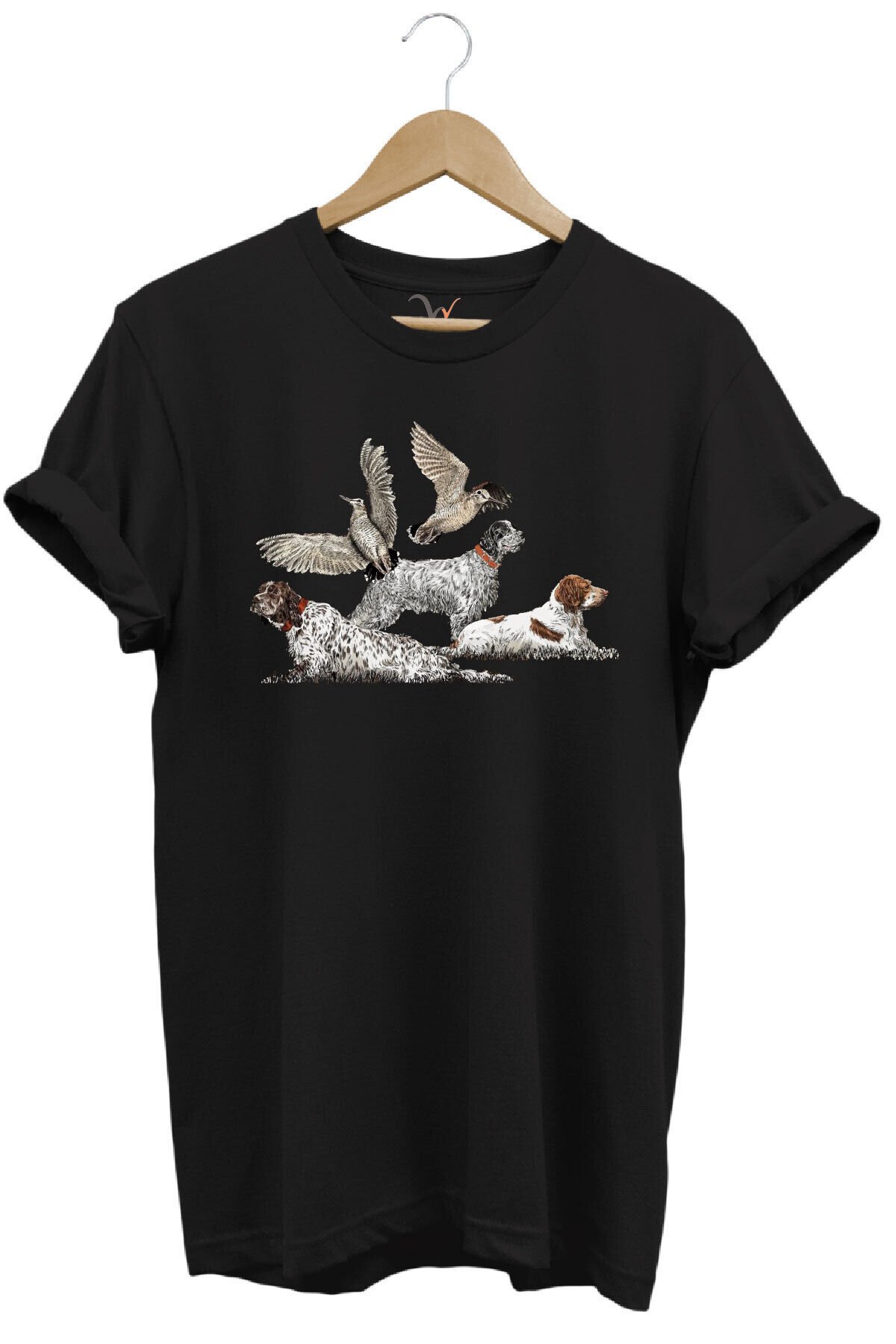 Avcılık Hunting Fermalı English Setter Ve Çulluk Baskılı %100 Pamuk Regular Fit Kahverengi T-shirt Siyah - L