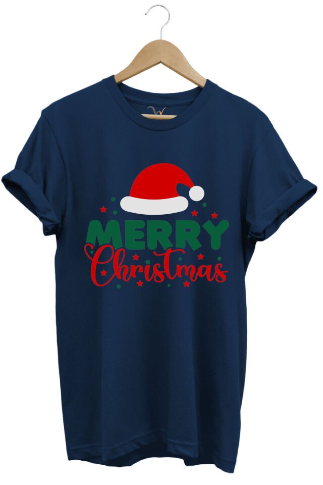 Unisex Yılbaşı Yeni Yıl Merry Christmas Noel Baba Baskılı %100 Pamuk Regular Fit Haki T-shirt Lacivert - 3XL