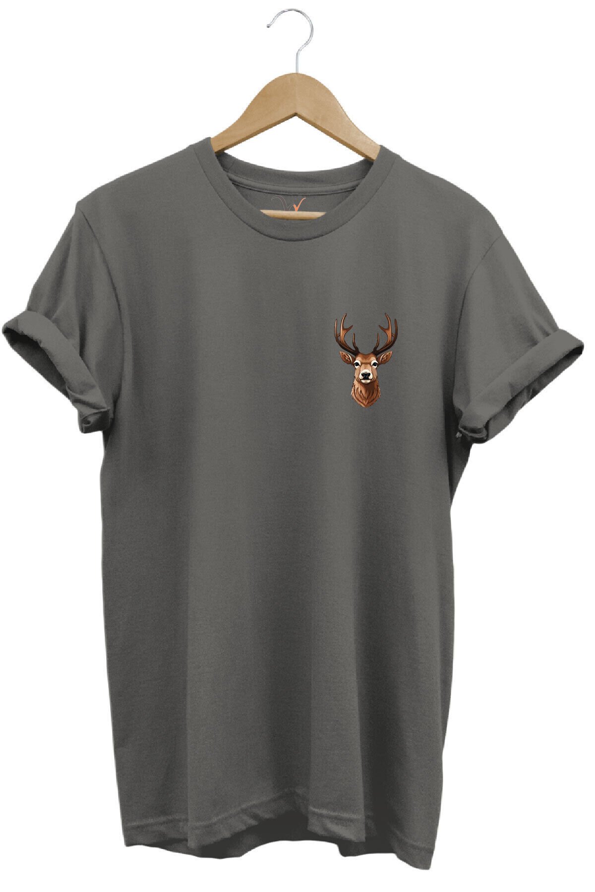 Avcılık Hunting Geyik Avı Baskılı %100 Pamuk Regular Fit Bisiklet Yaka T-shirt Gri - 3XL