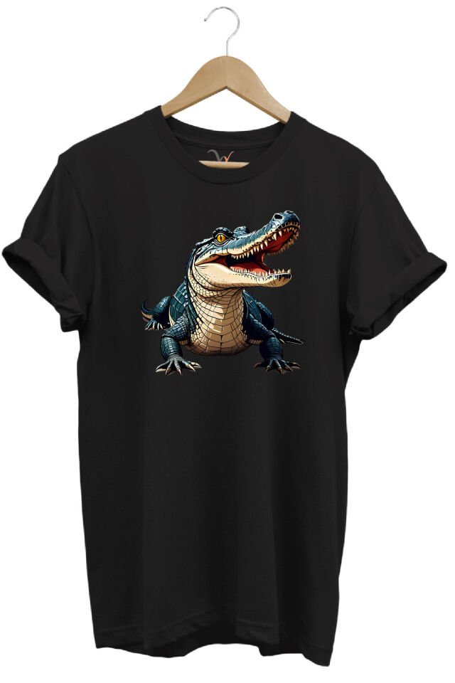 Timsah Baskılı %100 Pamuk Regular Fit T-shirt Siyah - 5XL
