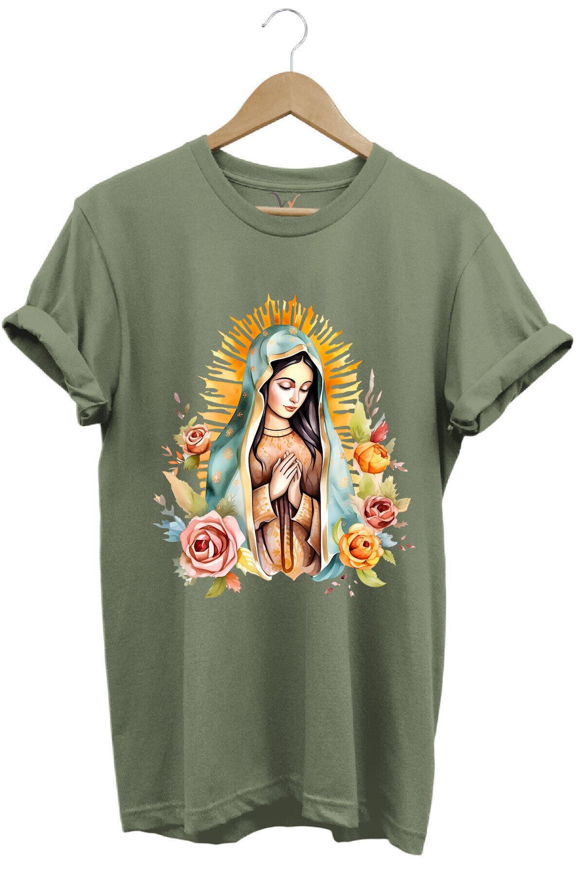 Renkli Meryem Ana Baskılı %100 Pamuk Regular Fit Bisiklet Yaka Turuncu T-shirt Haki - XL