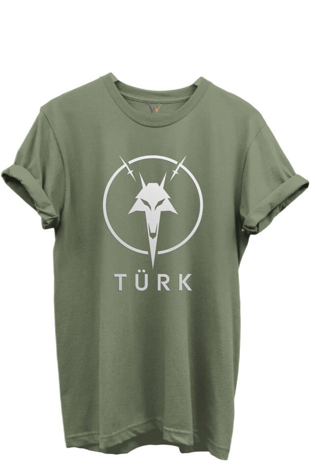 KURT ve TÜRK Özel Koleksiyon Serisi-4 Tasarım Baskılı %100 Pamuk T-shirt Haki - M