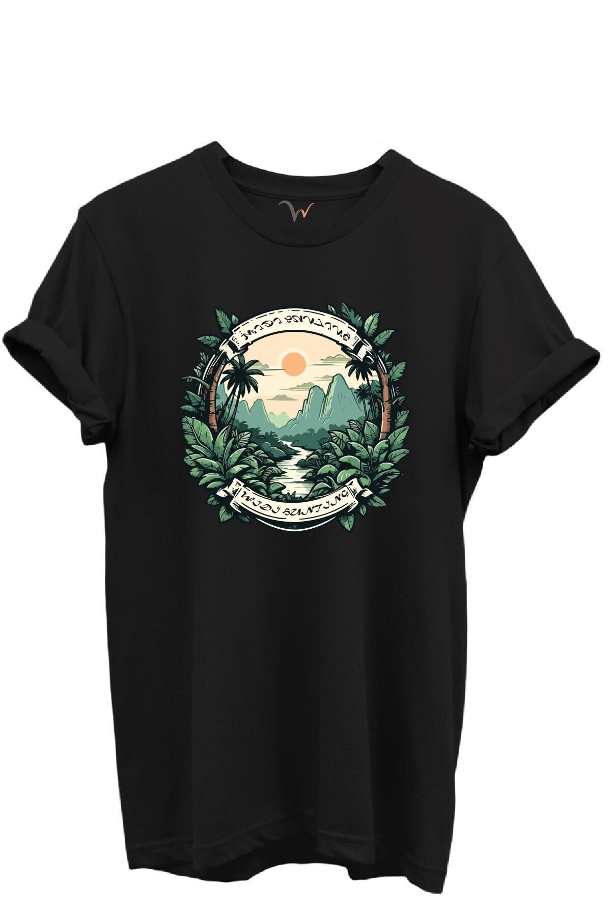 Tropikal Orman ve Dağ Manzaralı Hunting Doğa Temalı %100 Pamuk Regular Fit Unisex T-Shirt Siyah - 4XL