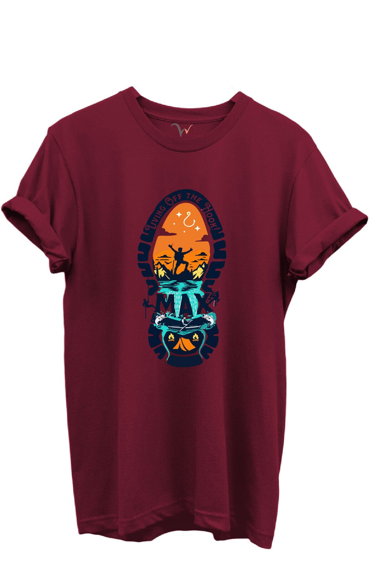 Balıkçılık ve Macera Tema Baskılı %100 Pamuk Regular Fit Bisiklet Yaka Unisex T-shirt Bordo - 3XL