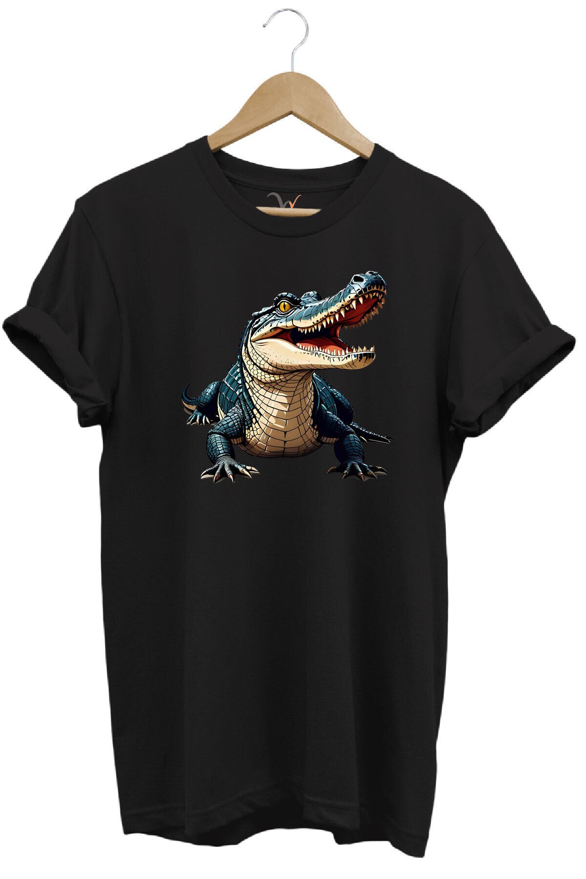 Timsah Baskılı %100 Pamuk Regular Fit T-shirt Siyah - M