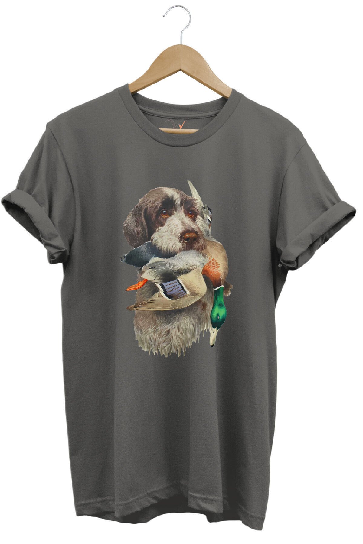 Avcılık Hunter Av Köpeği Ağzında Çulluk Kuşu Baskılı Çulluk Avı Regular Fit %100 Pamuk Beyaz T-shirt Antrasit - 2XL