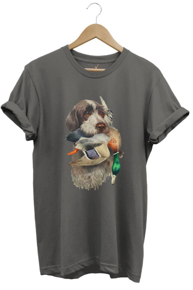 Avcılık Hunter Av Köpeği Ağzında Çulluk Kuşu Baskılı Çulluk Avı Regular Fit %100 Pamuk Beyaz T-shirt Antrasit - 2XL