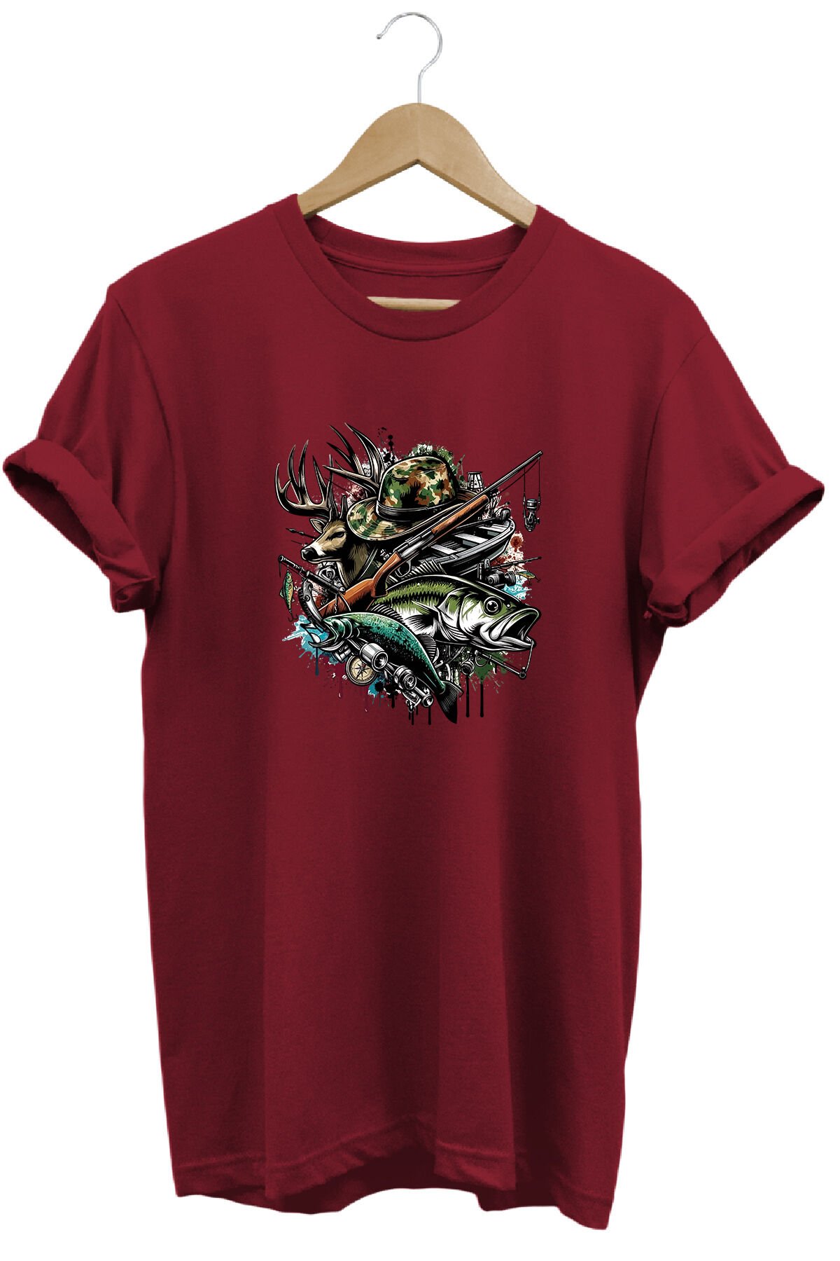 Unisex Geyik ve Balık Baskılı Arazi ve Doğa Tişörtü Outdoor Kamp Giyimi Bordo - XL