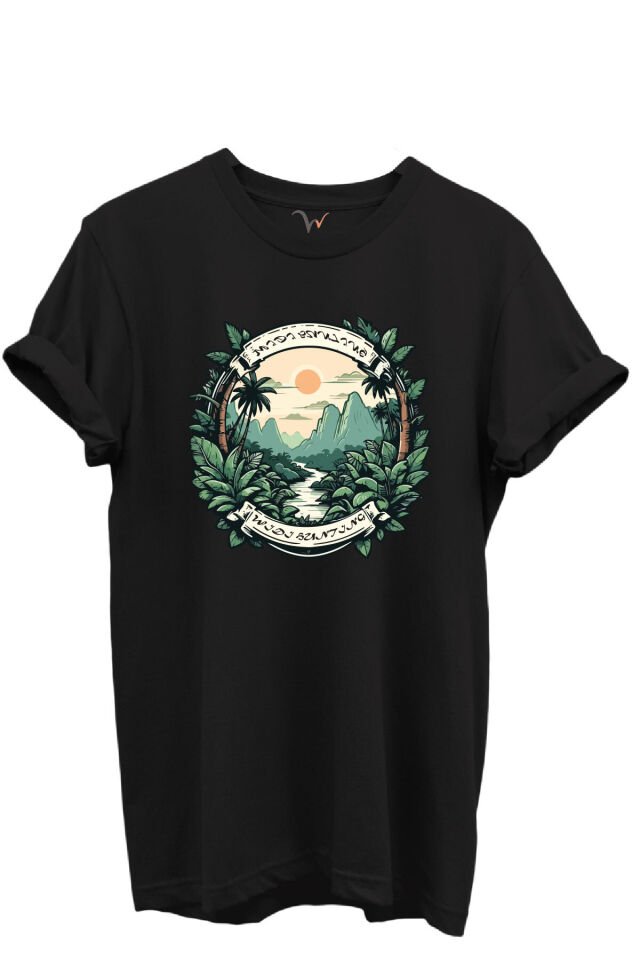 Tropikal Orman ve Dağ Manzaralı Hunting Doğa Temalı %100 Pamuk Regular Fit Unisex T-Shirt Siyah - 2XL