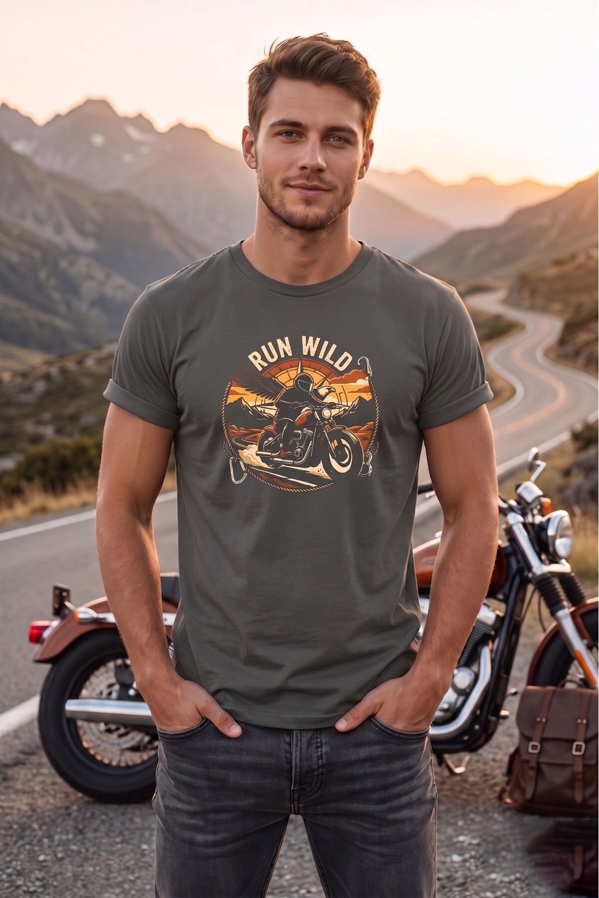 Run Wild Motorsiklet Baskılı Erkek Tişört Vintage Retro Tasarım Bisiklet Yaka Antrasit - 3XL