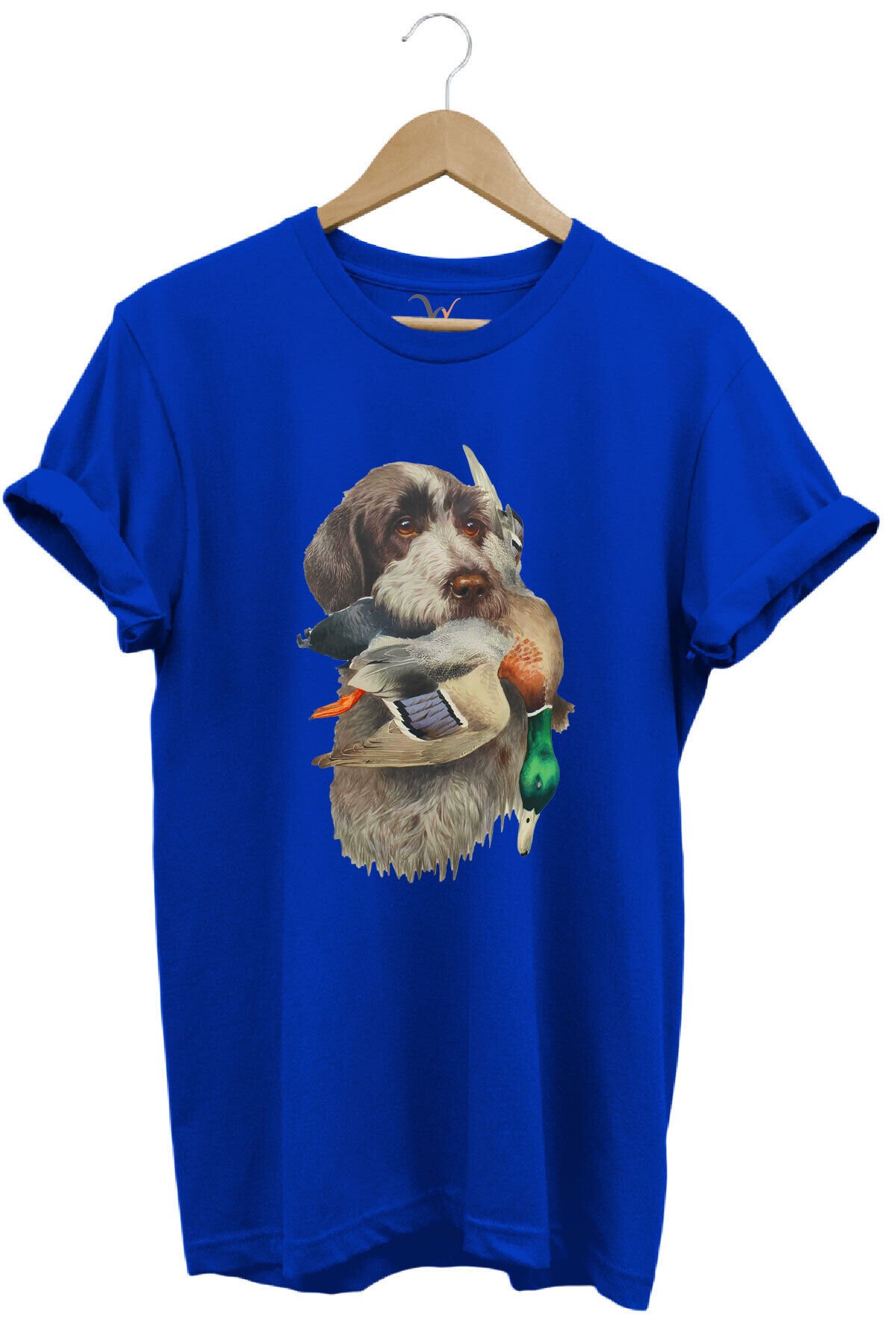 Avcılık Hunter Av Köpeği Ağzında Çulluk Kuşu Baskılı Çulluk Avı Regular Fit %100 Pamuk Beyaz T-shirt Saks Mavi - S