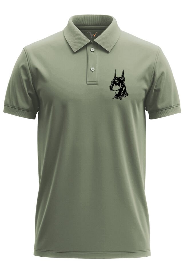 Doberman Köpek Baskılı Şık %100 Pamuk Regular Fit Polo Yaka Haki T-shirt