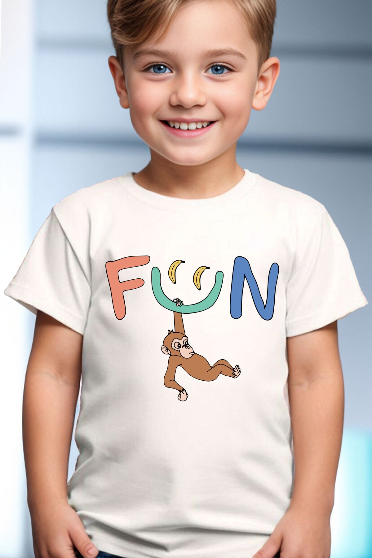 Unisex Sevimli Maymun Fun Yazılı Yaz Desenli %100 Pamuk Çocuk Beyaz T-shirt Beyaz - 9-10 Yaş