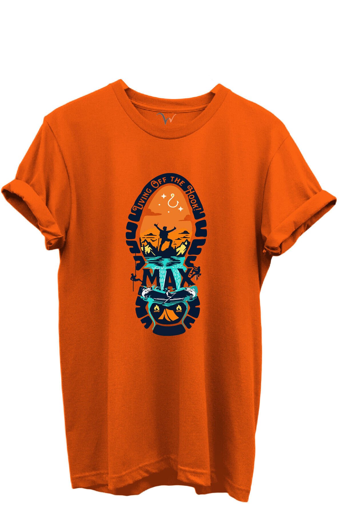 Balıkçılık ve Macera Tema Baskılı %100 Pamuk Regular Fit Bisiklet Yaka Unisex T-shirt Turuncu - XL