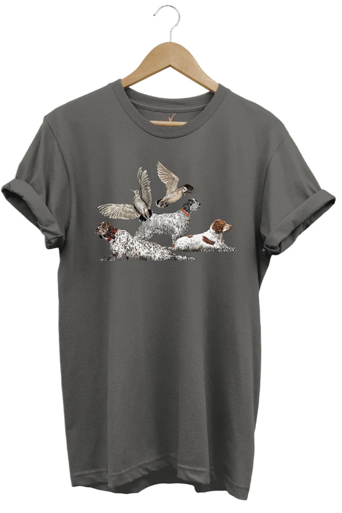 Avcılık Hunting Fermalı English Setter Ve Çulluk Baskılı %100 Pamuk Regular Fit Kahverengi T-shirt Gri - 2XL