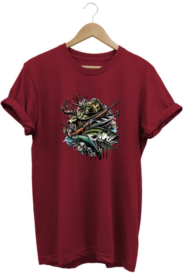 Unisex Geyik ve Balık Baskılı Arazi ve Doğa Tişörtü Outdoor Kamp Giyimi Bordo - 2XL