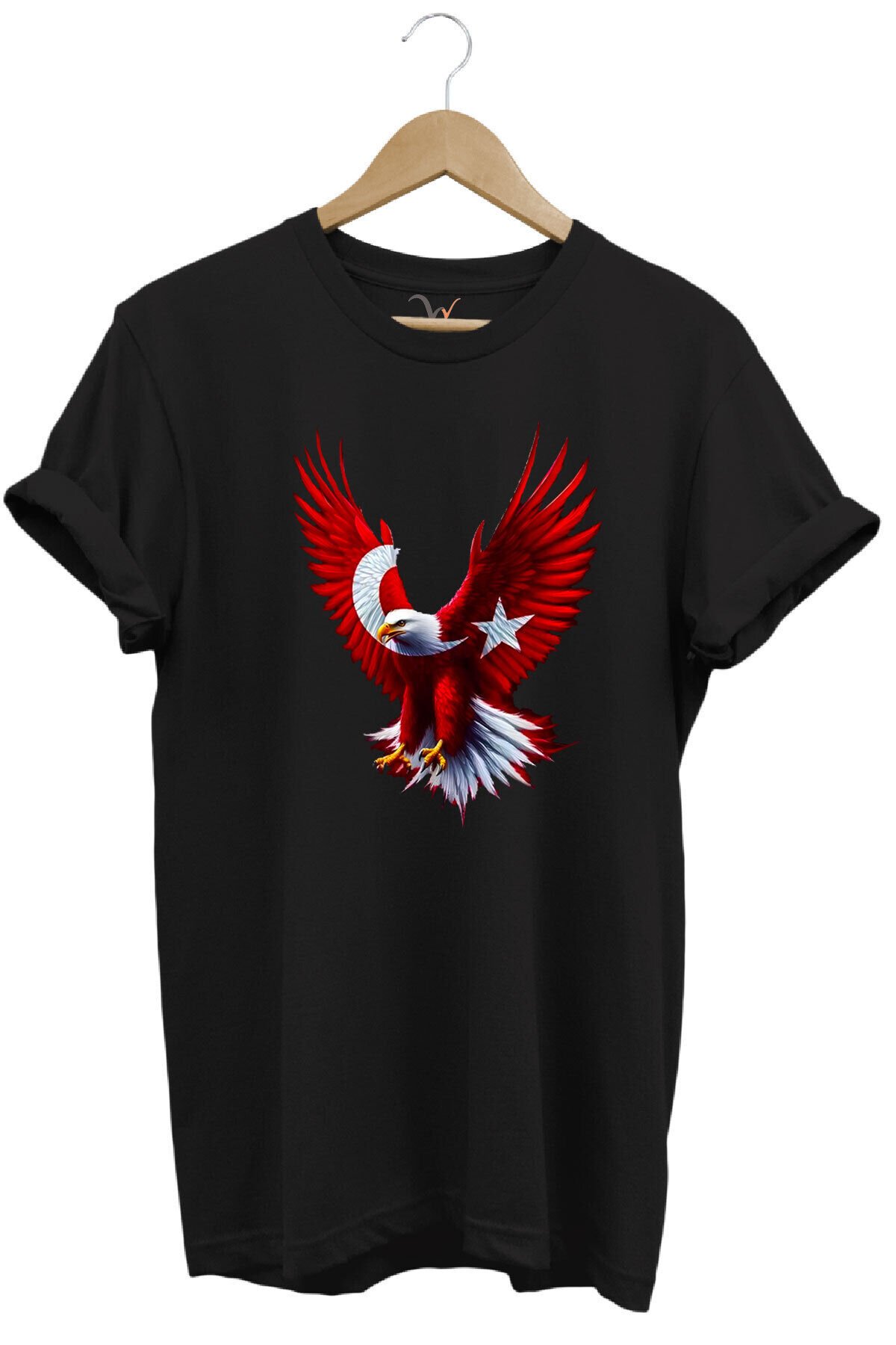 Türkiye Ay Yıldız Türk Bayrağı Kartal Tasarım Baskılı %100 Pamuk Regular Fit Bisiklet Yaka T-Shirt Siyah - L