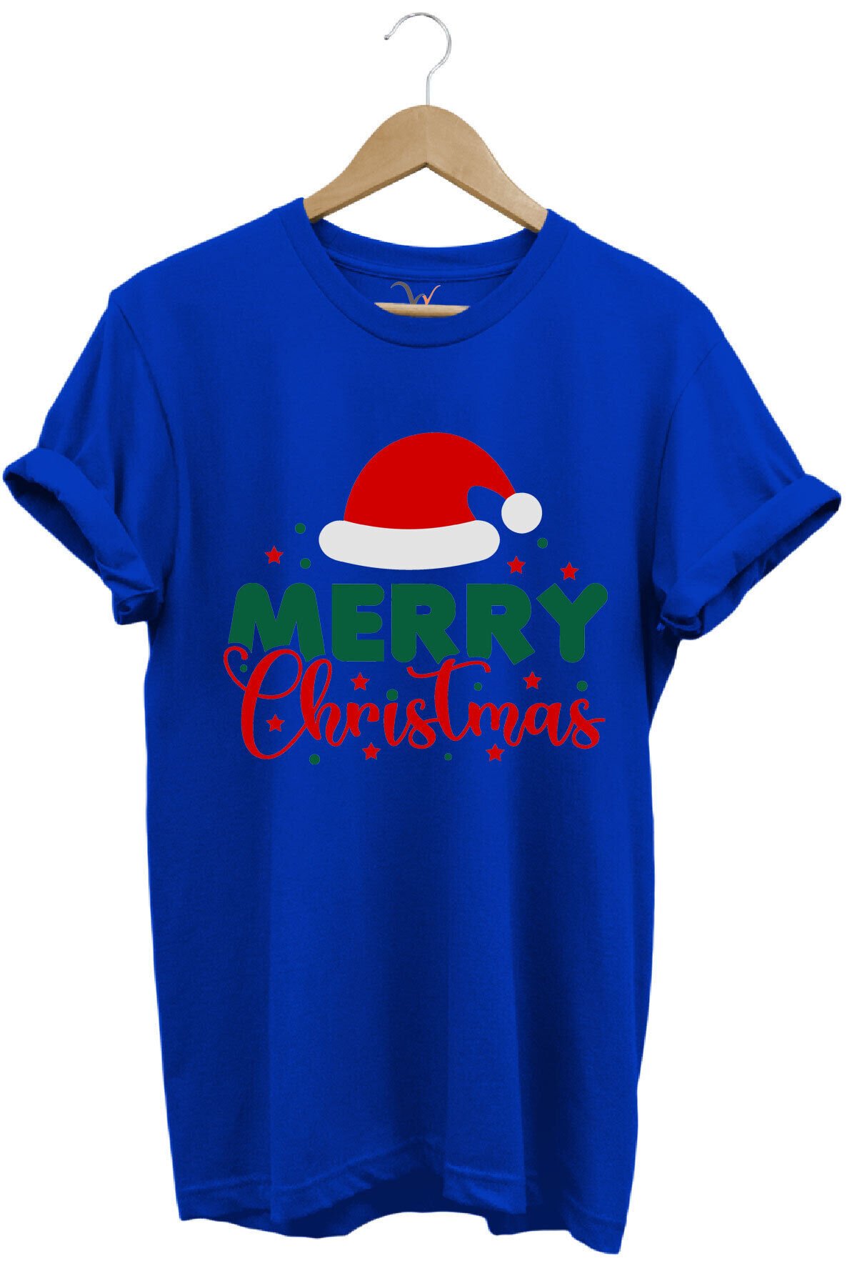 Unisex Yılbaşı Yeni Yıl Merry Christmas Noel Baba Baskılı %100 Pamuk Regular Fit Haki T-shirt Mavi - 2XL