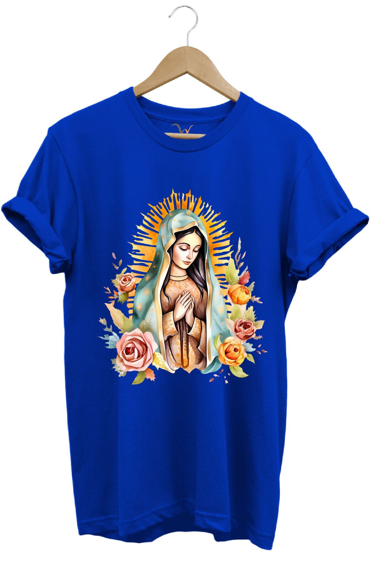 Renkli Meryem Ana Baskılı %100 Pamuk Regular Fit Bisiklet Yaka Turuncu T-shirt Mavi - L