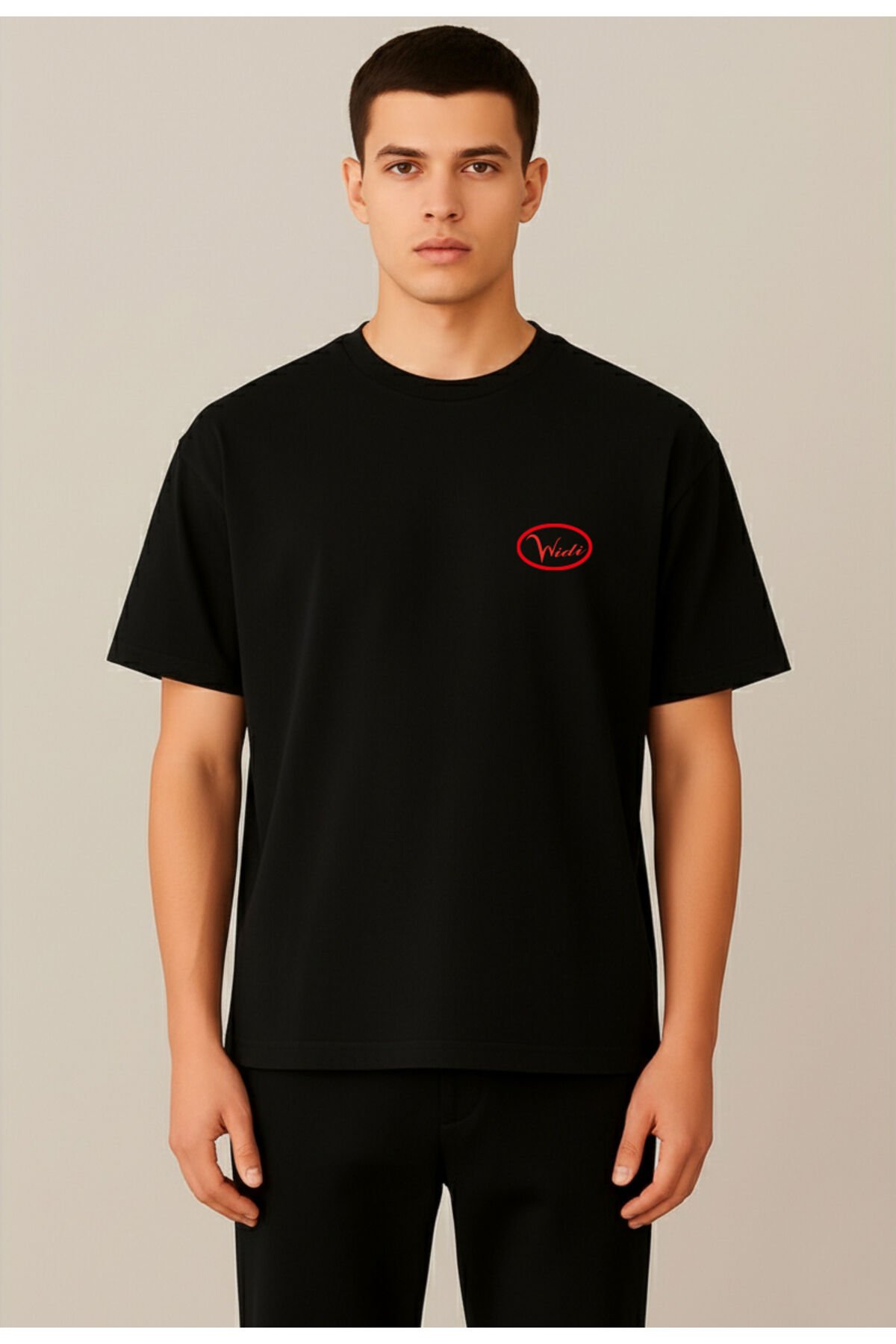 Marka Yazılı Elips Şekil Logolu Oversize %100 Pamuk Unisex Siyah T-Shirt Siyah - XL