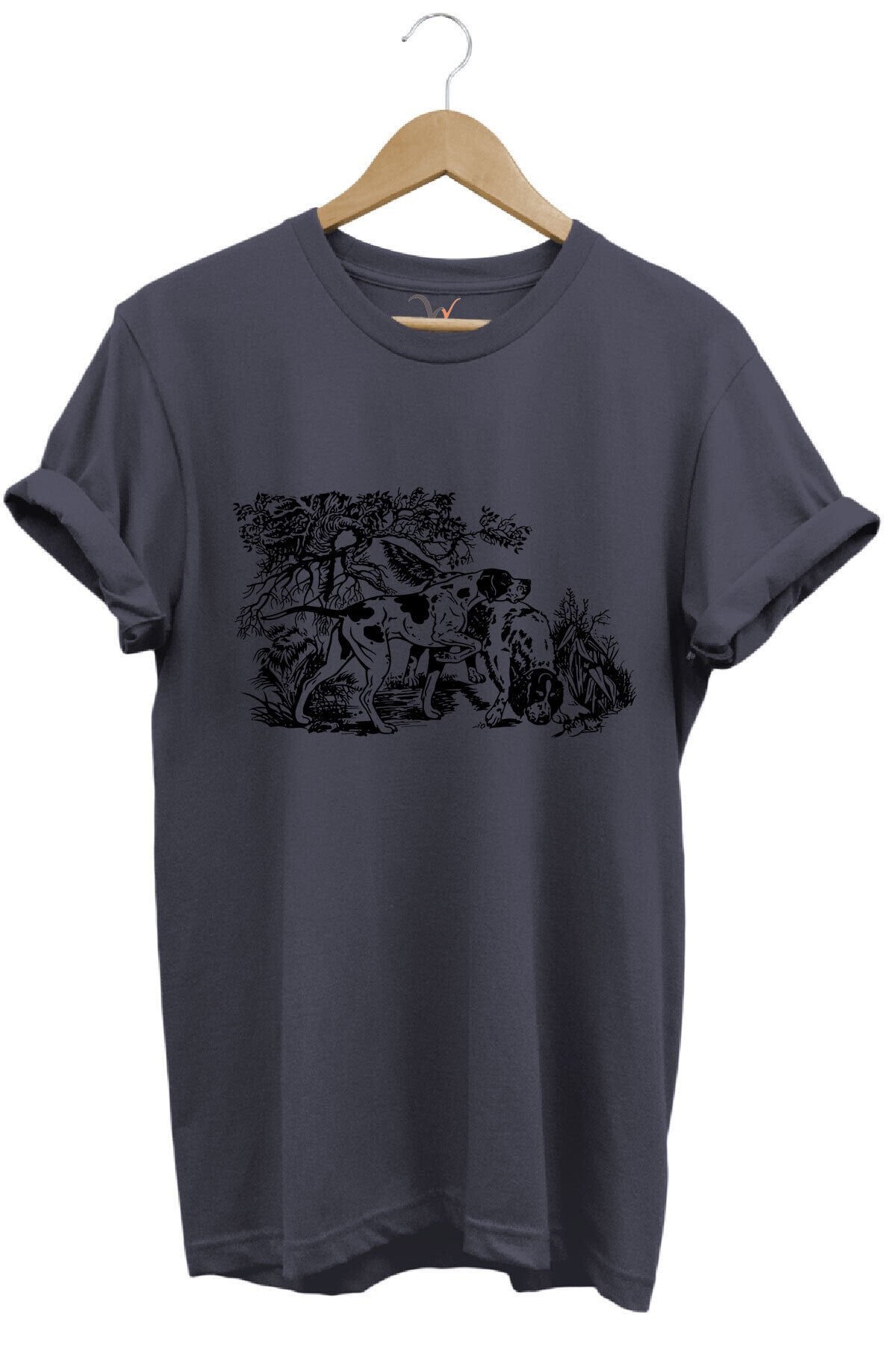 Unisex Doğa Ve Avcılık Tasarımlı Kurzhaar Av Köpeği Baskılı Yazlık %100 Pamuk Gri T-shirt
