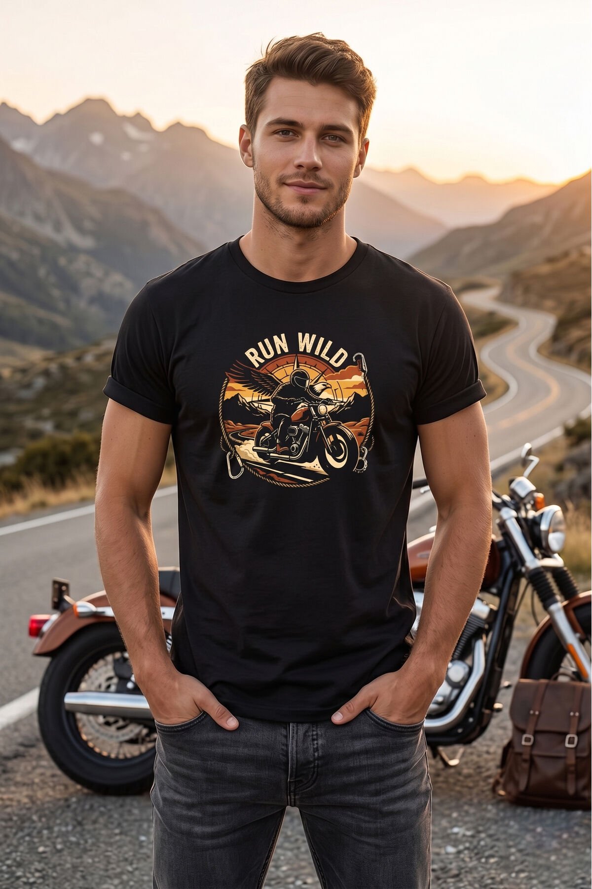 Run Wild Motorsiklet Baskılı Erkek Tişört Vintage Retro Tasarım Bisiklet Yaka Siyah - XL