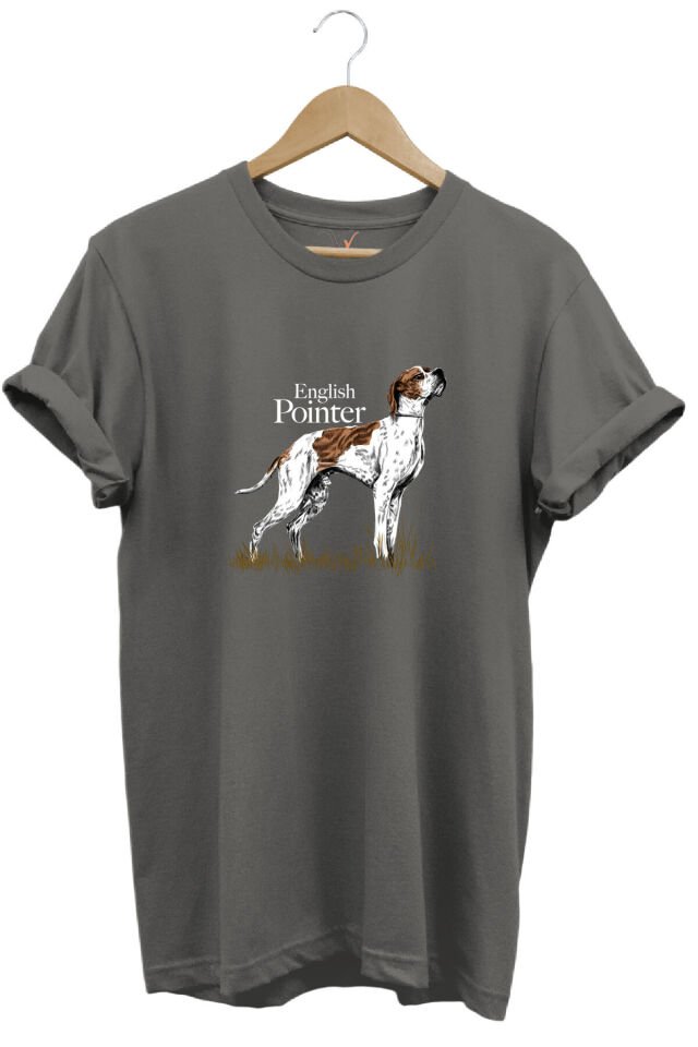 Hunting Avcılık English Pointer Av Köpeği Baskılı %100 Pamuk Regular Fit Unisex T-Shirt Gri - S
