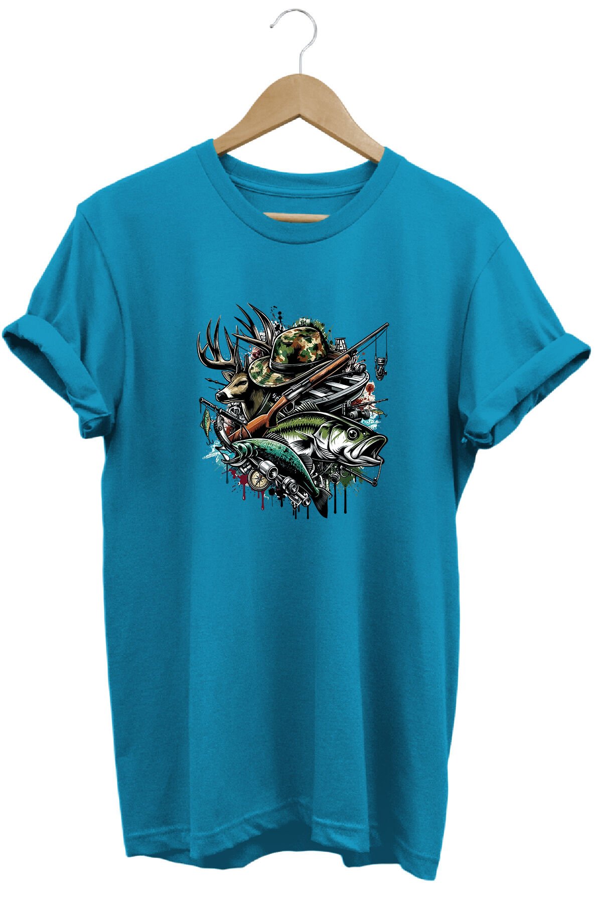 Unisex Geyik ve Balık Baskılı Arazi ve Doğa Tişörtü Outdoor Kamp Giyimi Turkuaz - XL