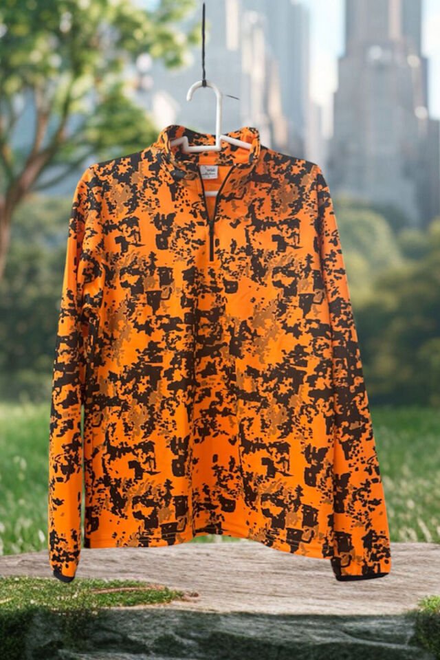 AVCILIK Domuz Avı Turuncu Desenli Dik Yaka Yarı Fermuar Kamuflaj Kışlık Sweatshirt