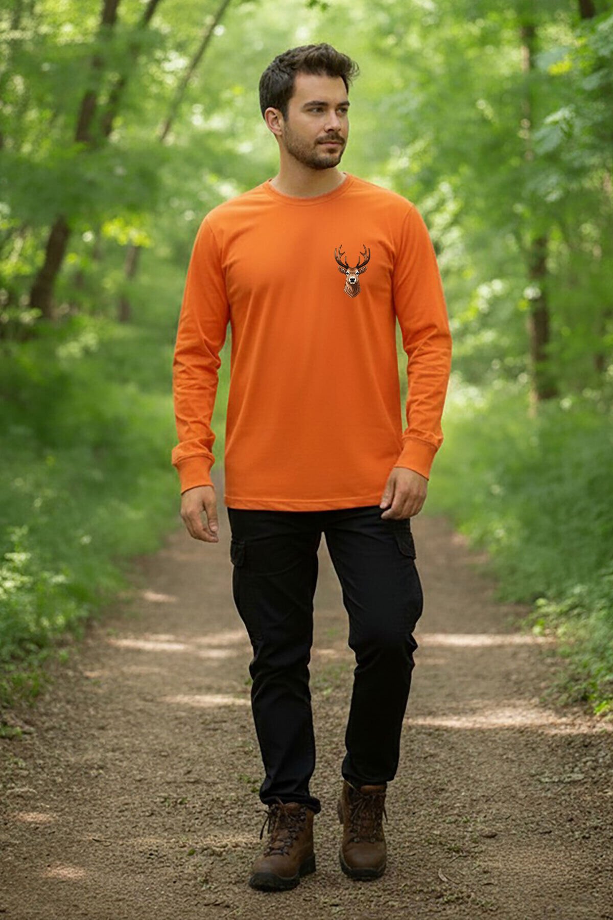Avcılık Geyik Avı Minimal Cep Baskılı Turuncu Bisiklet Yaka Uzun Kollu T-Shirt Turuncu - S