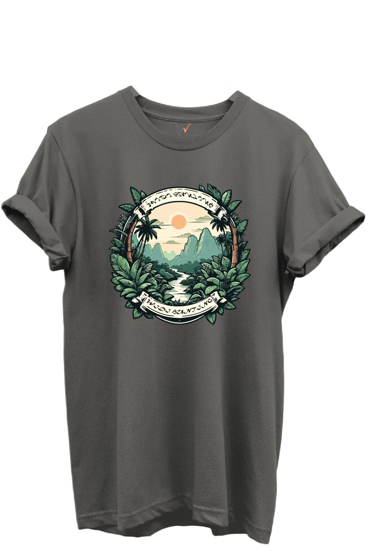Tropikal Orman ve Dağ Manzaralı Hunting Doğa Temalı %100 Pamuk Regular Fit Unisex T-Shirt Gri - 2XL