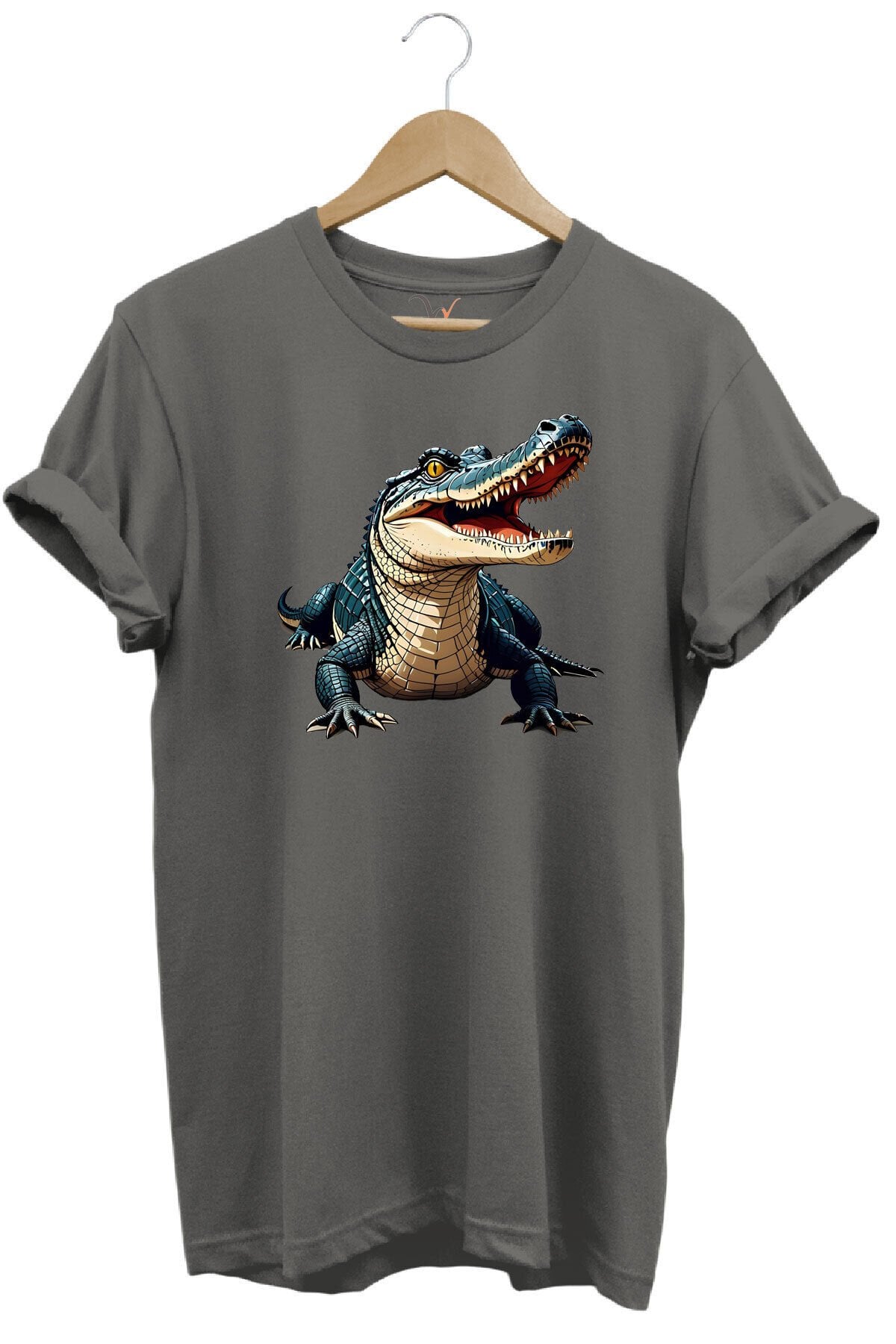 Timsah Baskılı %100 Pamuk Regular Fit T-shirt Gri - 3XL