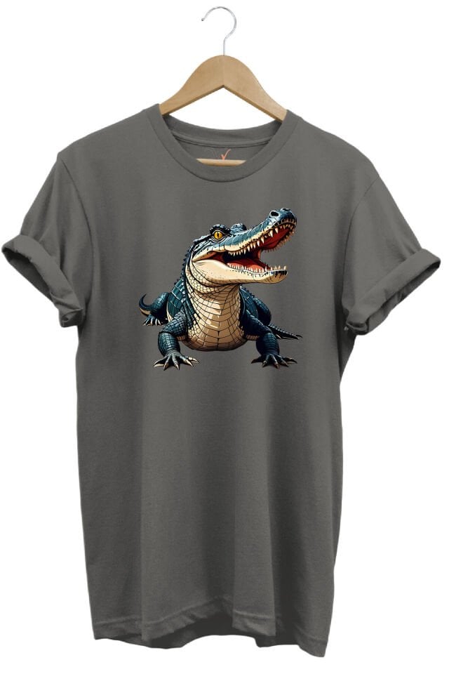 Timsah Baskılı %100 Pamuk Regular Fit T-shirt Gri - 3XL