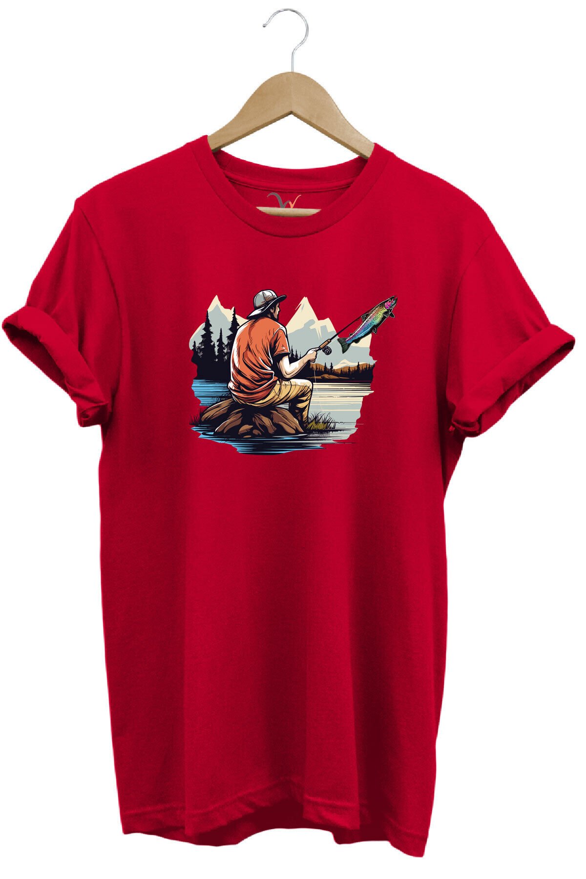 Fishing Balıkçılık Baskılı Olta Ile Alabalık Avı %100 Pamuk Regular Fit Kırmızı T-shirt Kırmızı - XL