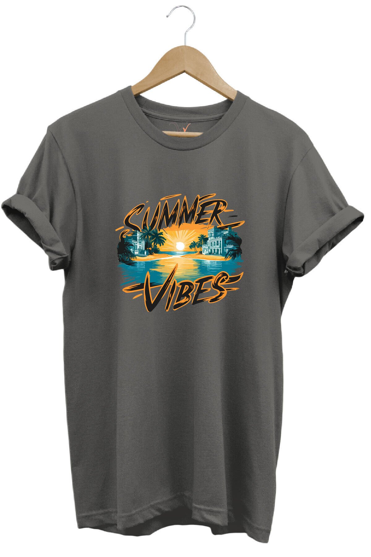 Summer Vibes Baskılı Yazlık Tatil Deniz %100 Pamuk Regular Fit Bisiklet Yaka Gri T-shirt Gri - L