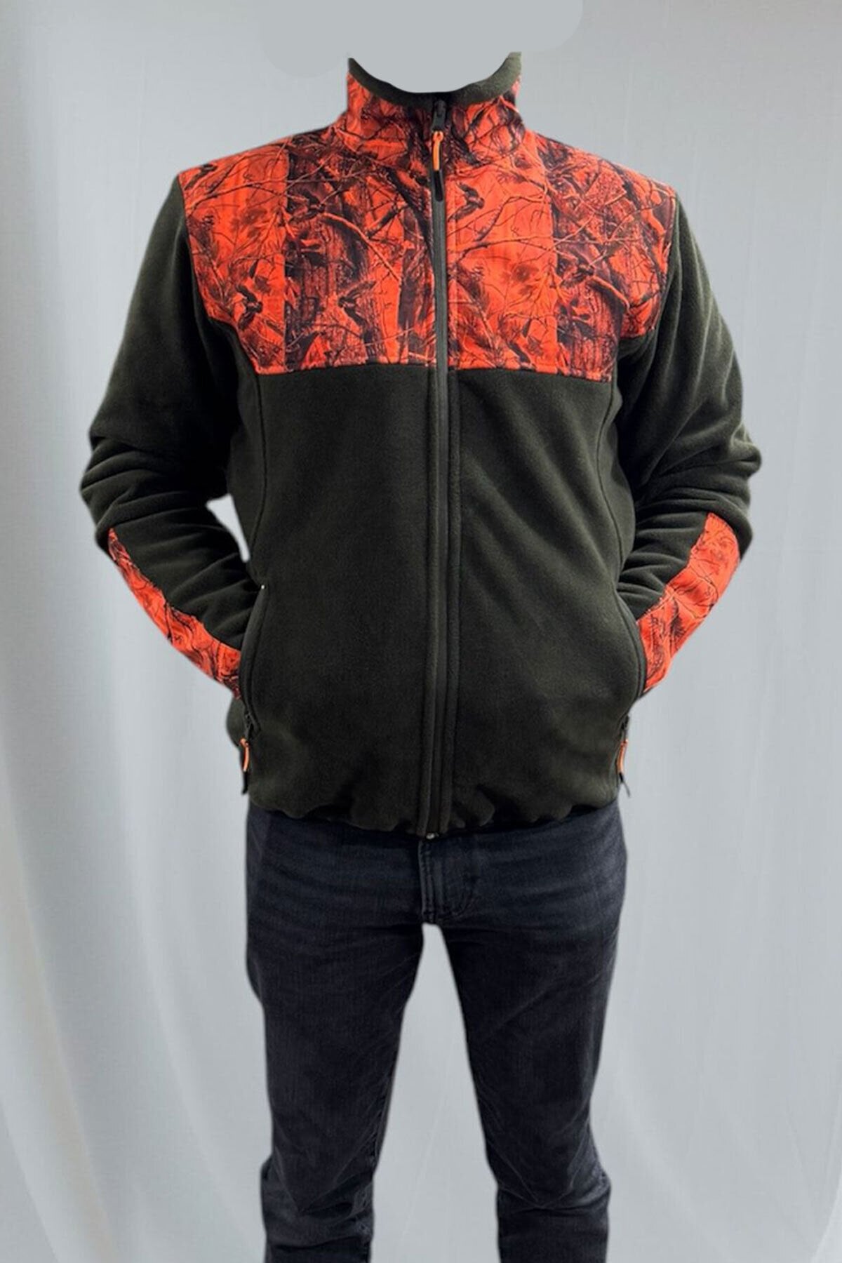Avcılık Orman Desen Çulluk Baskılı Dik Yaka Softshell Turuncu Kamuflaj Desenli Haki Polar Ceket
