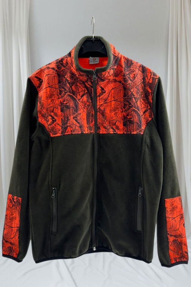 Avcılık Orman Desen Çulluk Baskılı Dik Yaka Softshell Turuncu Kamuflaj Desenli Haki Polar Ceket