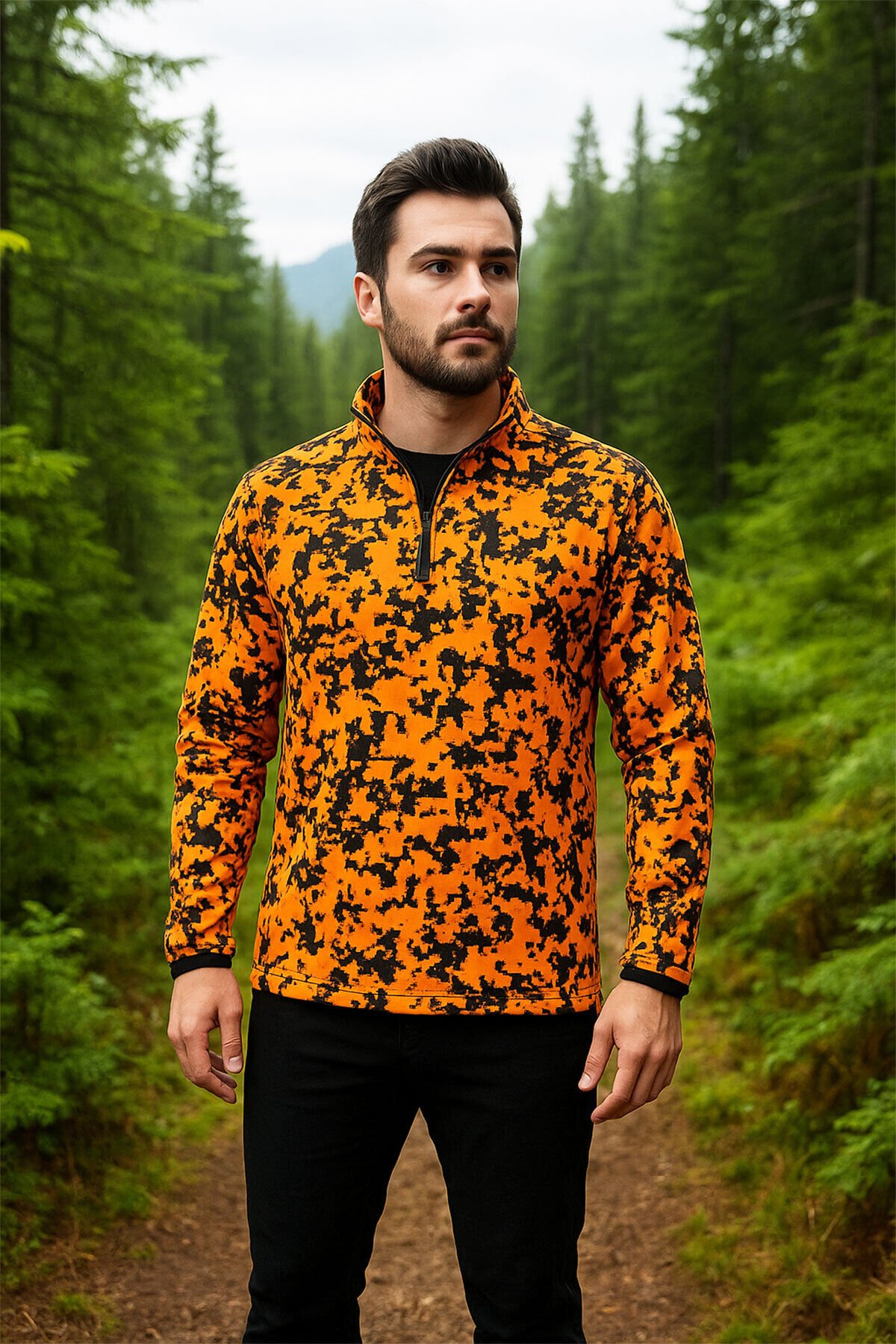AVCILIK Domuz Avı Turuncu Desenli Dik Yaka Yarı Fermuar Kamuflaj Kışlık Sweatshirt