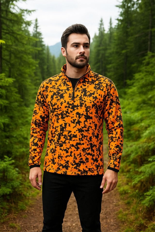 AVCILIK Domuz Avı Turuncu Desenli Dik Yaka Yarı Fermuar Kamuflaj Kışlık Sweatshirt