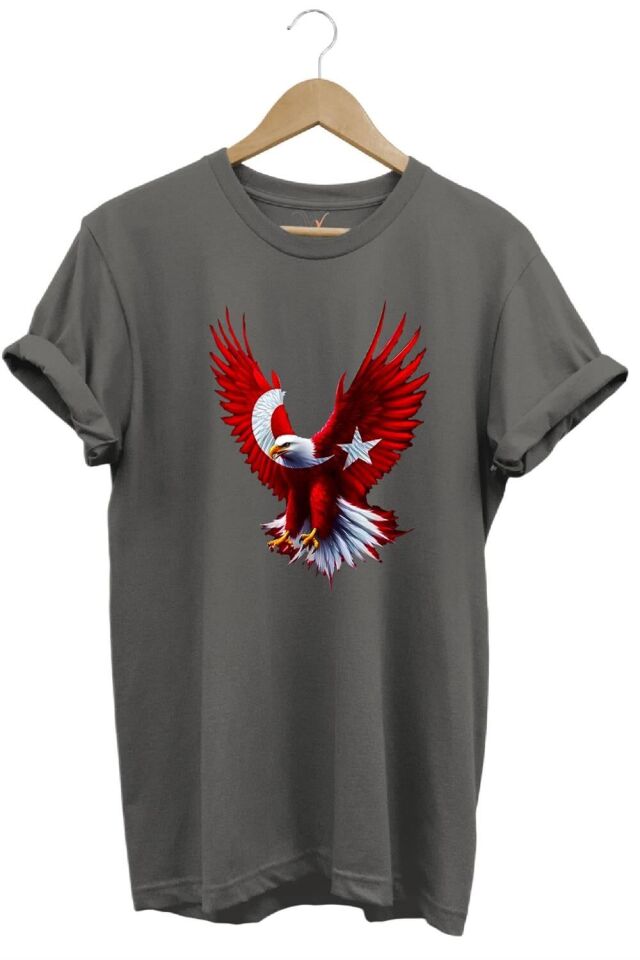 Türkiye Ay Yıldız Türk Bayrağı Kartal Tasarım Baskılı %100 Pamuk Regular Fit Bisiklet Yaka T-Shirt - Antrasit