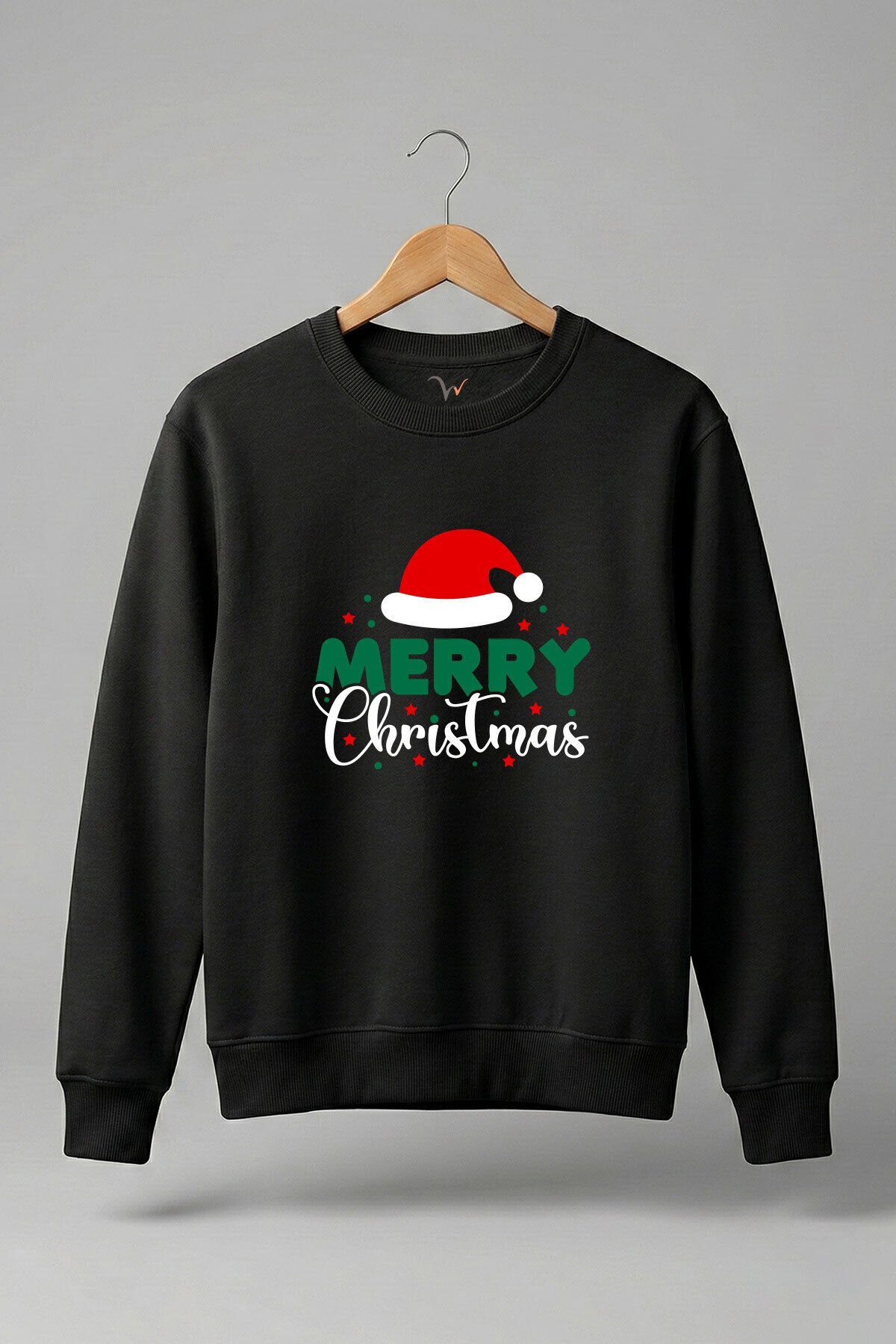 Yılbaşı Yeni Yıl Merry Christmas Noel Şapkası Baskılı 3 İp Şardonlu %100 Pamuk Siyah Sweatshirt