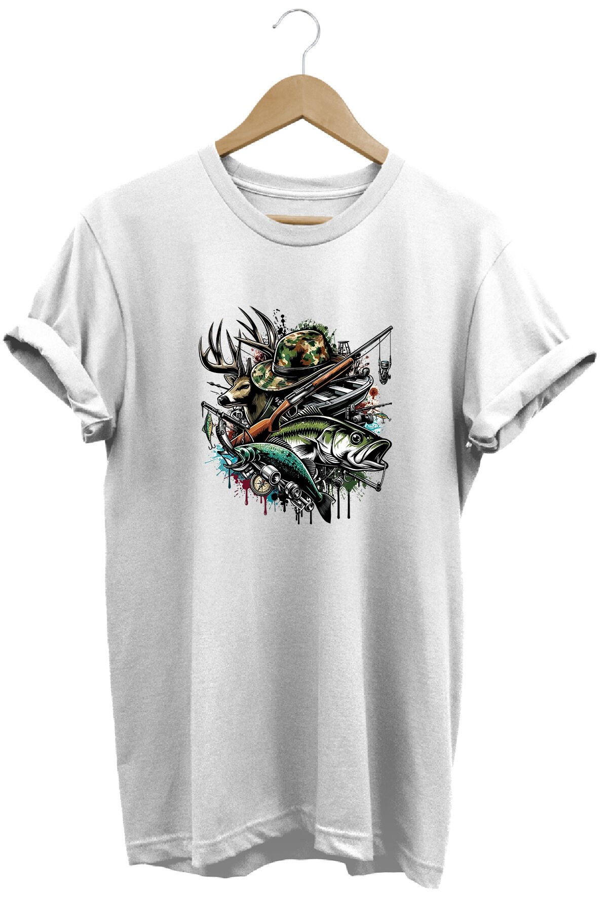Unisex Geyik ve Balık Baskılı Arazi ve Doğa Tişörtü Outdoor Kamp Giyimi Beyaz - XL
