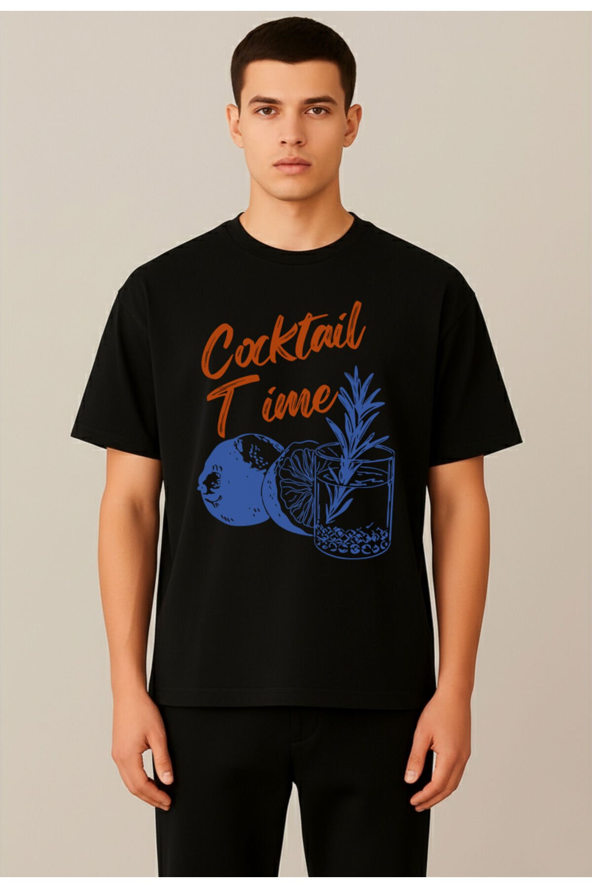 Cocktail Time Tasarım Baskılı Y2K Old Money %100 Pamuk Oversize Bisiklet Yaka Unisex T-Shirt Siyah - XS