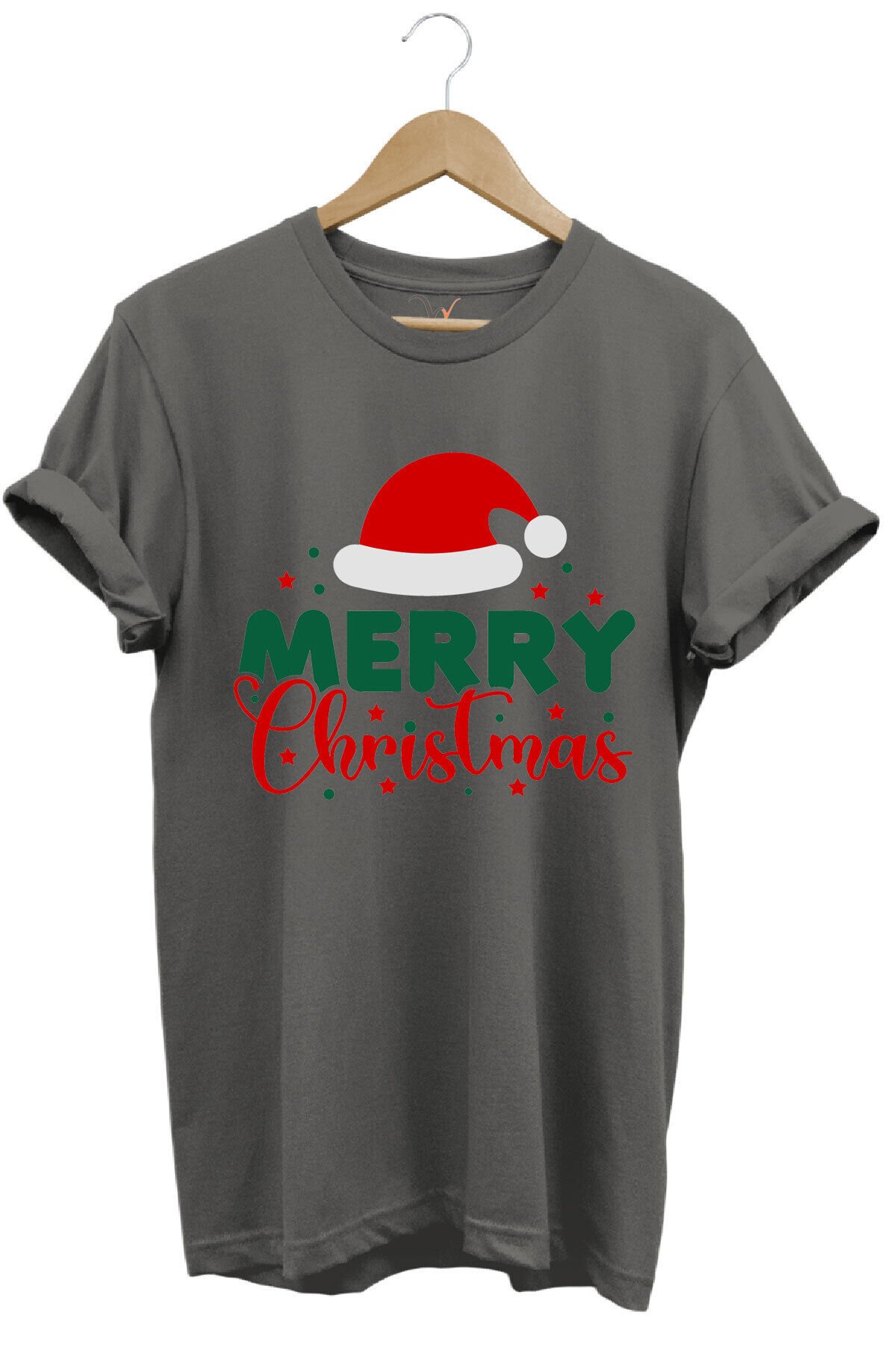 Unisex Yılbaşı Yeni Yıl Merry Christmas Noel Baba Baskılı %100 Pamuk Regular Fit Haki T-shirt Gri - 3XL