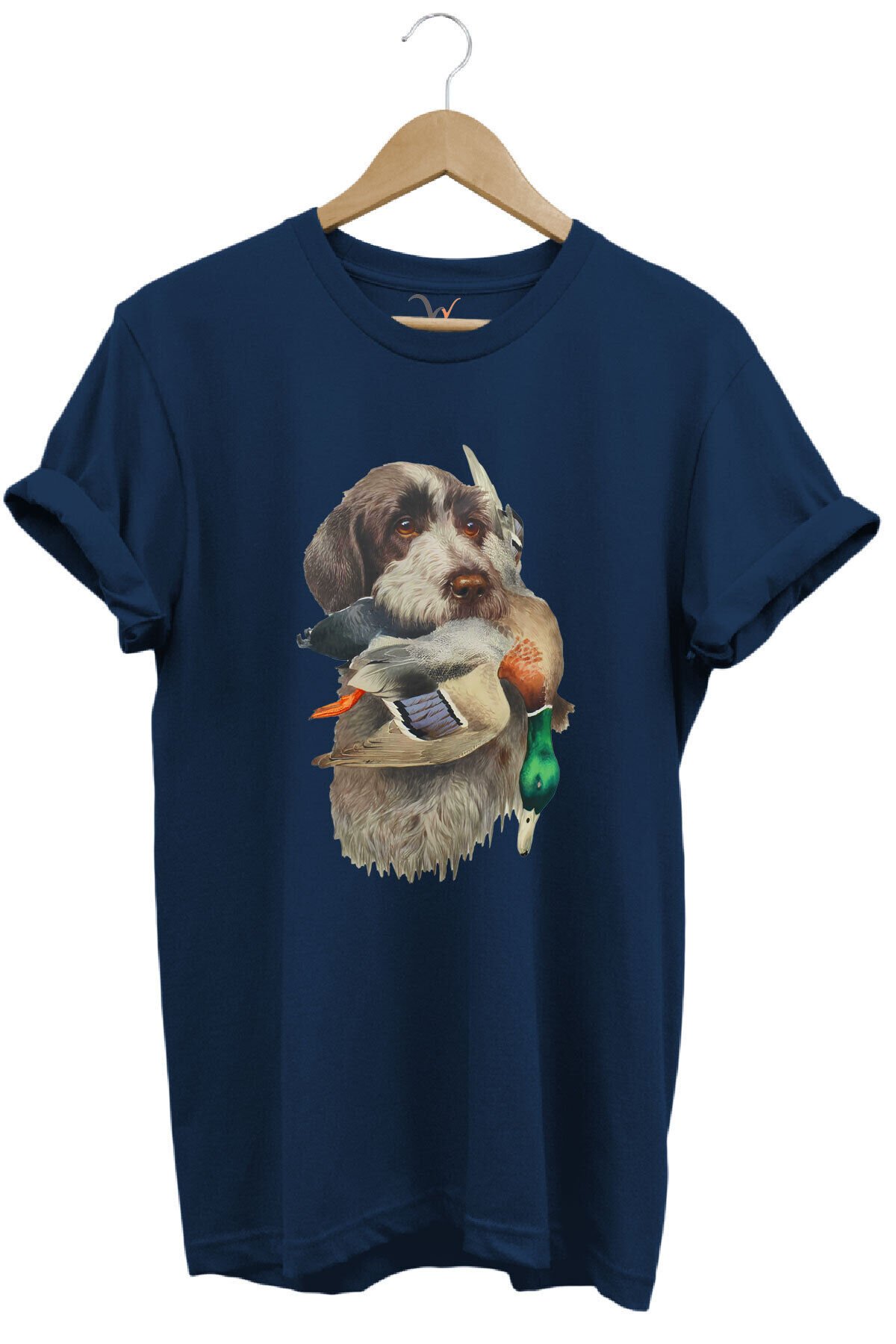 Avcılık Hunter Av Köpeği Ağzında Çulluk Kuşu Baskılı Çulluk Avı Regular Fit %100 Pamuk Beyaz T-shirt Lacivert - 2XL