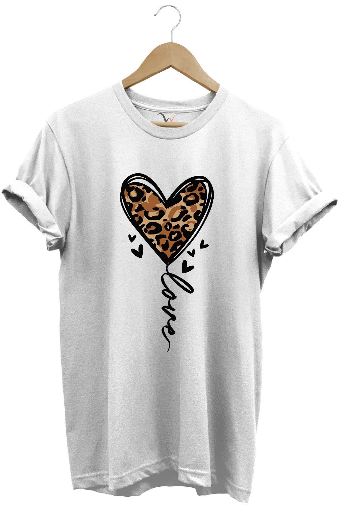 14 Şubat Sevgililer Günü Kalp Leopar Desen Baskılı %100 Pamuk Regular Fit Bisiklet Yaka T-Shirt