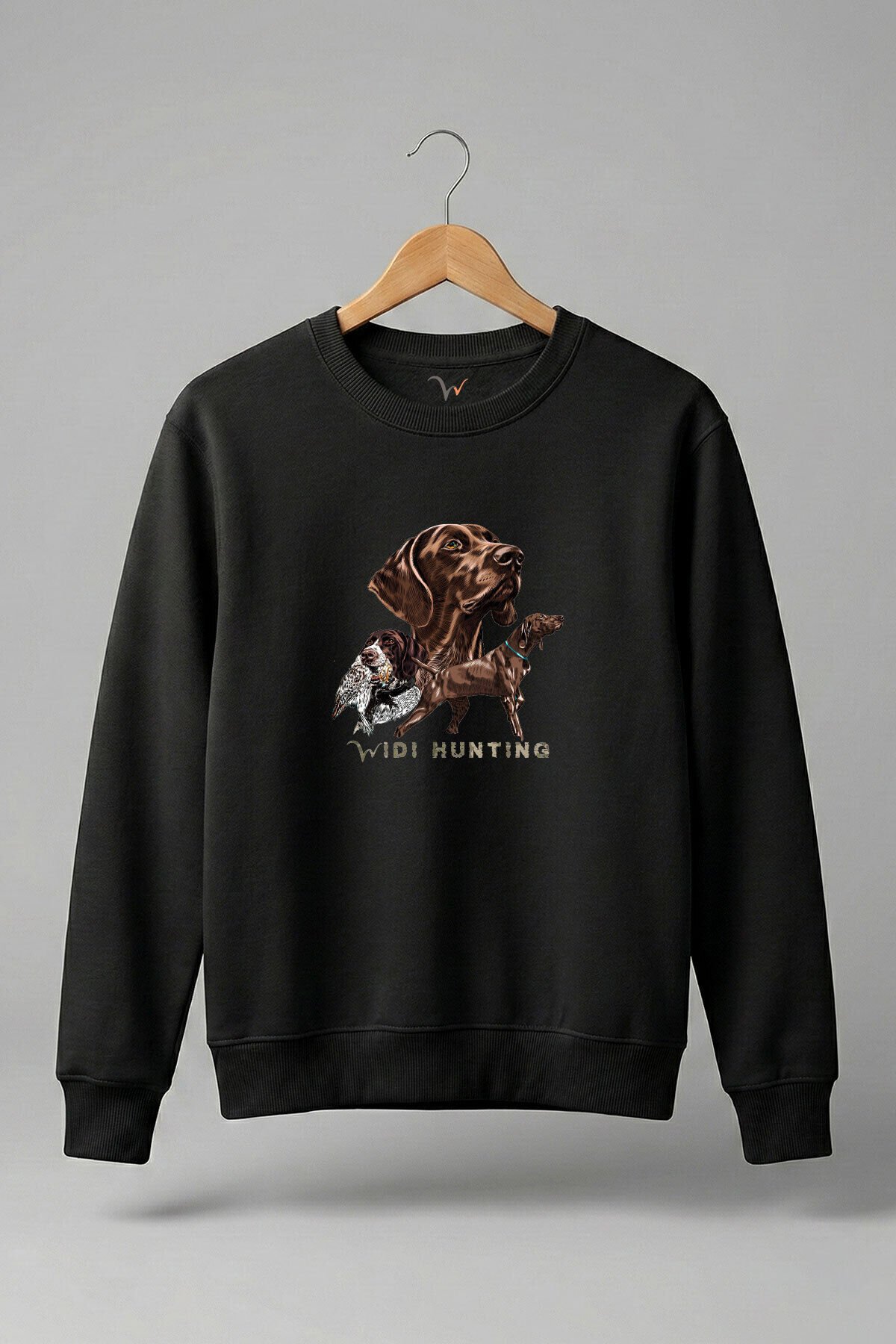 Avcılık Hunter Kurzhaar Av Köpeği ve Çulluk Baskılı 3 İp Şardonlu %100 Pamuk Siyah Sweatshirt
