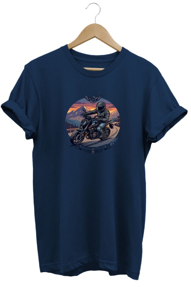 Motorsiklet Baskılı Erkek Tişört Vintage Retro Tasarım Grafik Baskı Bisiklet Yaka Lacivert - S