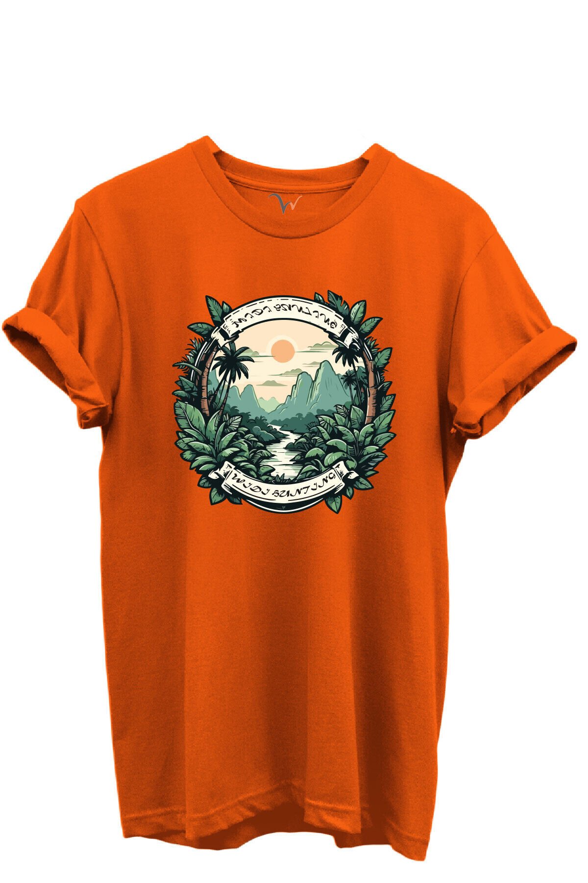 Tropikal Orman ve Dağ Manzaralı Hunting Doğa Temalı %100 Pamuk Regular Fit Unisex T-Shirt Turuncu - L
