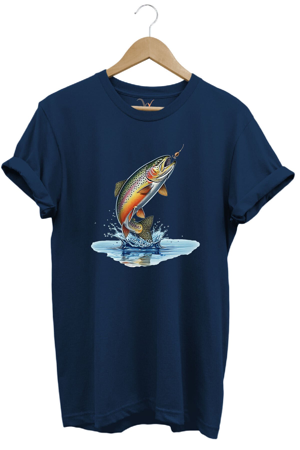 Zıpkınlanan Alabalık Tasarımlı Balıkçılık Temalı %100 Pamuk Unisex Regular Fit T-Shirt Lacivert - XL